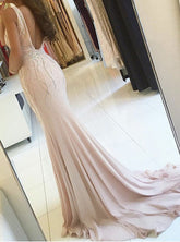 Long Prom Dresses Mermaid V-neck Backless Evening Dresses with Beading